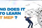 Blog image featuring the title 'How Long Does It Take to Learn Revit MEP?' in bold text. The design includes a clock symbolizing time and a blueprint background, with a professional pulling a rope, emphasizing effort and learning pace. URL: zabeel-international.com."