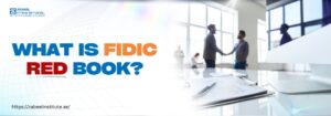 "Image showing the question 'What is FIDIC Red Book?' with a blurred office background of professionals shaking hands, symbolizing business agreements. The Zabeel Institute logo is in the top-left corner, and the website link 'https://zabeel-international.com/' is displayed below."