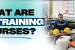 Image titled 'What Are HSE Training Courses?' in bold black and blue text. Features a safety training session with participants in blue uniforms, helmets, and safety gear on the table. Zabeel International logo and website URL are included at the corners.