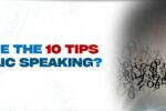 Visual of a professional man speaking with animated letters flowing out of his mouth, representing communication. The text reads 'What are the 10 tips for public speaking?' with a clean background and the Zabeel Institute logo and website link.