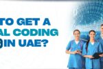 Group of healthcare professionals in blue scrubs standing together, smiling confidently with digital code in the background. Text reads 'How to Get a Medical Coding Job in UAE?' promoting Zabeel Institute's guide on career opportunities in UAE's medical coding field.