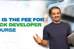 Banner image with the text 'How Much is the Fee for a Full Stack Developer Course?' in bold, featuring a smiling man holding a laptop. Background includes a computer screen displaying code. Zabeel Institute logo and website URL are visible.