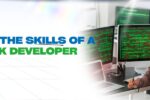 Banner image with the text 'What are the Skills of a Full Stack Developer?' in bold, featuring a smiling developer holding a coffee cup in front of multiple computer screens displaying code. Zabeel Institute logo and website URL are included.