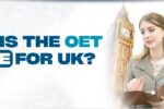 A professional woman holding a folder is depicted in this image, set against a background featuring the iconic Big Ben and the Union Jack flag, symbolizing the UK. The bold headline reads, "What is the OET score for UK?" referring to the Occupational English Test requirements for professionals aiming to work in the UK. The website link "https://zabeel-international.com/" is displayed at the bottom.