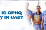 The image features a group of four healthcare professionals dressed in blue medical scrubs, standing in a bright and modern hospital setting. They are smiling and holding medical documents and a tablet. The bold blue text on the left reads, "What is CPHQ Salary in UAE?" The clean and professional design suggests an informative blog about Certified Professional in Healthcare Quality (CPHQ) salaries in the UAE. The website link "https://zabeel-international.com/" directs users to more information on the topic.