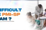 The image depicts a classroom setting where students are taking an exam, with a teacher assisting one of them. The students appear focused, indicating a challenging test environment. On the left side, the bold text reads, "How Difficult is the PMI-SP Exam?" in blue and orange, emphasizing the topic of the blog post. The design suggests a discussion about the difficulty level of the PMI Scheduling Professional (PMI-SP) exam. The website link "https://zabeel-international.com/" directs readers to more information.