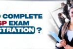 Banner image with the text 'How to Complete CISSP Exam Registration?' featuring a smiling professional woman holding a clipboard, standing in a modern office environment with people networking. Zabeel Institute logo and website URL are visible.