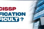 Banner image with the text 'Is CISSP Certification Difficult?' featuring a professional in a suit holding a laptop, standing in front of a modern glass office building. Zabeel Institute logo and website URL are visible