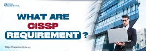 Banner image with the text 'What Are CISSP Requirements?' featuring a professional in a suit holding a laptop, standing in front of a modern glass office building. Zabeel Institute logo and website URL are visible.