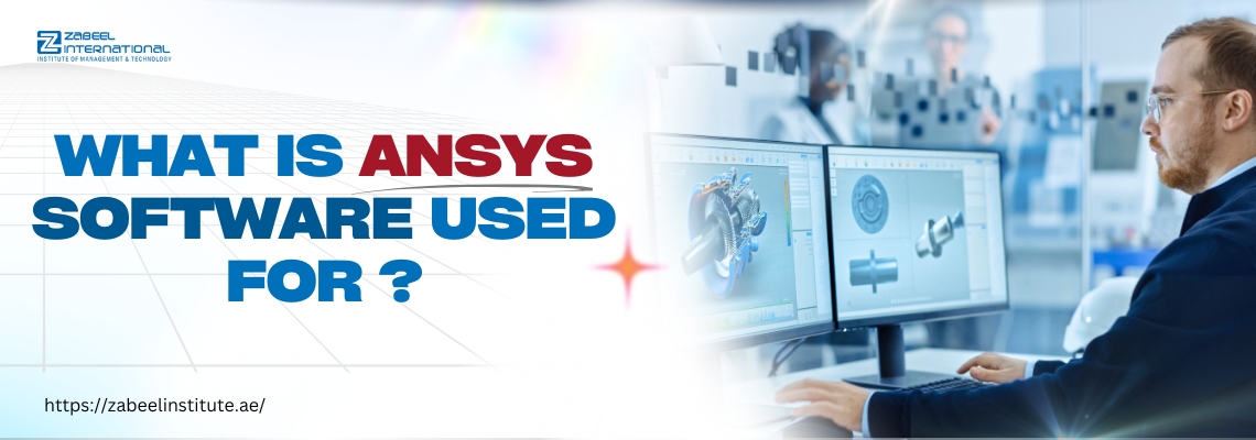 The image features a professional engineer working on a computer with dual monitors displaying 3D mechanical designs and simulations. The background depicts a high-tech lab or engineering environment with other professionals. The bold text "What is ANSYS Software Used For?" is prominently displayed, highlighting the topic of the blog. The website link "https://zabeel-international.com/" suggests an educational resource for learning about ANSYS software and its applications.