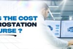 Banner image with the text 'What is the Cost of MicroStation Course?' featuring two professionals analyzing 3D design models on dual monitors. The background showcases a modern engineering workspace. Zabeel Institute logo and website URL are visible.