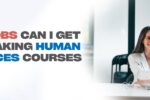 Promotional image showing a woman in a professional setting smiling and shaking hands with a man, symbolizing a job interview. The text reads: 'What jobs can I get after taking human resources courses online?' The Zabeel International Institute logo and website URL (https://zabeel-international.com/) are also visible.