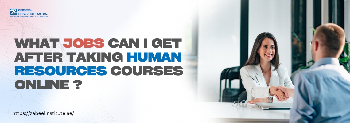 Promotional image showing a woman in a professional setting smiling and shaking hands with a man, symbolizing a job interview. The text reads: 'What jobs can I get after taking human resources courses online?' The Zabeel International Institute logo and website URL (https://zabeel-international.com/) are also visible.