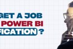 "A professional silhouette with an overlay of a person walking up illuminated stairs symbolizes career growth. The bold text reads: 'Can I get a job after Power BI certification?' The Zabeel Institute logo and website link are displayed on a grid-patterned background.